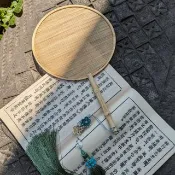 扇子竹簾團扇漢服配飾白水晶隨形珠東陵玉雙花掛飾