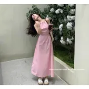 【夏季特惠】海邊度假風掛脖吊帶洋裝女裝夏季粉色初戀裙子露背收腰氣質長裙