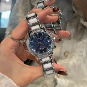 🔥限時下殺🔥高品質圓形日月星辰鑲鉆時尚女錶帶鋼帶陶瓷腕錶輕奢防水高級 手錶女生 女士手錶 女錶 學生手錶 時尚女錶