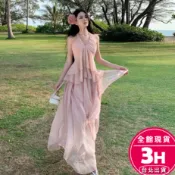 【梨卡】隔日到貨 女裝 洋裝 沙灘裙 海島度假洋裝 掛脖大擺裙 露背洋裝 飄逸連身裙 夏天長裙C66349【現貨24H】