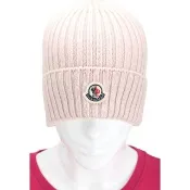 【MONCLER】兒童 品牌徽章補丁 反摺 粗針織羊毛帽 - 粉紅色(大人可用 針織帽 羊毛帽)