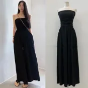 (店+)【baibeauty 白鳥麗子】連身褲．渡假風素面鬆緊收腰平口長寬褲