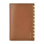【Paul Smith】PAUL SMITH 燙印標籤LOGO 6卡側面編織設計牛皮搭小牛皮直立短夾(棕x橘紅)
