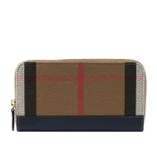 【BURBERRY 巴寶莉】格紋拼皮革ㄇ型拉鍊長夾(海軍藍)
