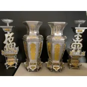 ［宏達］錫製尺3磨砂花瓶、福壽燭台、高純度錫製品