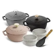【STAUB】迴力釘點琺瑯鑄鐵鍋和食鍋16cm＋陶瓷碗12cm兩入＋飯匙(德國雙人牌集團官方直營)