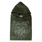 【KENZO】KENZO白字刺繡LOGO經典虎頭設計棉質長袖連帽T-Shirt(軍綠)