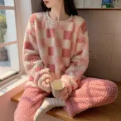 珊瑚絨睡衣女冬季法蘭絨長袖格子套裝春秋款保暖加厚款冬天家居服 法蘭絨睡衣  軟綿睡衣  棉質長袖睡衣  圓領睡衣 睡衣女
