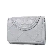 TORY BURCH 專櫃款 FLEMING 粒面絎縫菱格釦式三折短夾-灰色