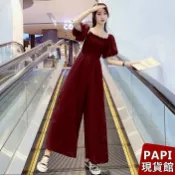 優品優選 一字領斷袖連身褲【9181】PAPI 春夏新款修身顯瘦韓系INS氣質壓褶蓬蓬袖短袖連體褲 闊腿褲 寬褲 連身長褲