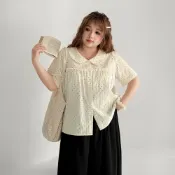 (店+)【Miss38】Miss38 波點杏 娃娃領短袖襯衫【EX1359】(現貨)大尺碼 全開扣 日系甜美氣質款 寬鬆遮肉 夏日渡假風穿搭