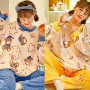 (店+)【Annita】小藍熊+月亮兔月亮兔買一送一秋冬保暖 珊瑚絨兩件式睡衣(長袖睡衣/女睡衣居家服/兩件式睡衣/保暖睡衣)