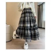M-4XL 大尺碼長裙 加厚格子寬鬆顯瘦半身裙女冬季毛呢拼接A字裙女