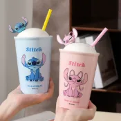 史迪奇大容量帶蓋卡通杯情侶吸管水杯家用伴手禮陶瓷杯子隨手杯