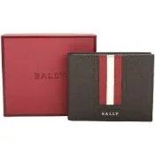 BALLY TEVYE 經典紅白條紋咖啡色六卡對折短夾