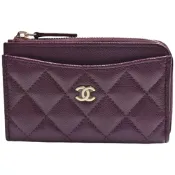 CHANEL 經典金色雙C LOGO菱格粒紋牛皮L型拉鍊卡夾/零錢包(勃根地酒紅色)