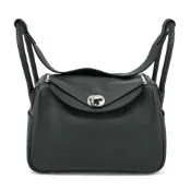 HERMES 愛馬仕 Lindy 26cm 雙色拼接牛皮轉釦手提/肩背兩用包(深綠x竹綠/C刻/銀釦)