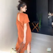 🧡QR大碼女裝🧡大尺碼洋裝短袖連衣裙袖洋裝大尺碼胖MM特大碼300斤露背T恤長裙夏季寬松藏肉顯瘦打結過膝連衣裙