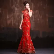 ✨台灣出貨✨旗袍 新娘結婚敬酒服 宴會 喜宴連衣裙 紅色迎賓旂袍魚尾 舞臺演出表演歌唱服禮儀禮服長款 改良旗袍zq
