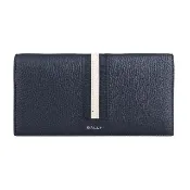 【BALLY】BALLY Ribbon字母燙印LOGO藍白藍條紋小牛皮8卡對折長夾(深藍)
