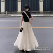 韓系高腰蛋糕長裙 女生A字裙 多層次大裙擺垂墜長裙 黑白百搭仙女裙 寬鬆遮肉休閒長裙 早秋女裝