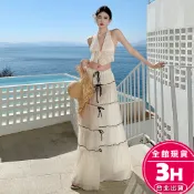 【梨卡】隔日到貨 女裝 洋裝 兩件式 背心 褶皺掛脖背心 露背半身裙 海邊度假長裙 夏天背心 C6630【現貨24H】