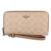 【康是美官方網購】COACH- 金馬車防刮LOGO皮革拉鍊掛帶長夾(卡其x淺褐)