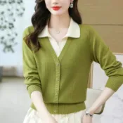 胖胖美依 假兩件上衣 襯衫領上衣 秋冬上衣 長袖針織衫 V領設計羊毛 春秋新款翻領洋氣針織打底衫時尚TBF19.2302