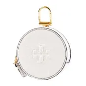 TORY BURCH THEA 浮雕LOGO荔枝紋圓型拉鍊零錢包-白色