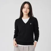 Polo Ralph Lauren RL 熱銷V領刺繡小馬麻花針織毛衣(女)-黑色
