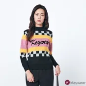 KeyWear奇威名品    經典撞色系文字緹花針織上衣-黑色
