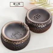 帶蓋茶渣缸 復古水缸 水桶功夫陶瓷茶道家用粗陶配件 水盂茶具建水 錘紋茶洗鎏金荷花