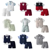 【Cherry】英倫風男童周歲禮服夏季三件套寶寶短袖西裝馬甲套裝兒童花童主持鋼琴演出服抓周宴輕薄透氣款