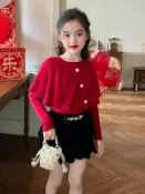 全球選品1館 生活百貨 梔了成長記童裝女童假兩件披肩紅毛衣秋冬兒童洋氣女孩名媛針織衫