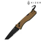台北山水戶外用品專門店 Kizer Aegis T 棕G10柄黑刃 AEB-L鋼 半齒半刃 割繩刀/擊破器 V3774CTA3