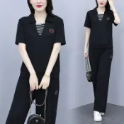  媽媽裝大碼女裝夏新款胖妹妹時尚洋氣百搭減齡短袖上衣休閒褲兩件套 大尺碼套裝 韓版時尚休閒套裝 中老年兩件式套裝