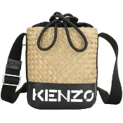 【KENZO】Raffia 字母拼接拉菲草編織斜背水桶包-黑色