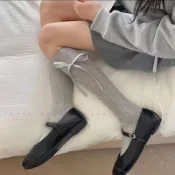 高顏值過膝中筒襪 長筒襪 小腿襪 壓力瘦腿襪 春夏芭蕾小腿襪子綁帶蝴蝶結長筒襪堆堆日系甜美少女純色 S 0920