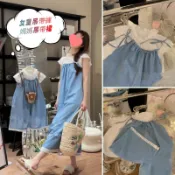 [MiniMe] 韓國童裝 2025夏季 親子裝 母女牛仔吊帶褲 女童 洋氣娃娃衫鏤空蕾絲邊 