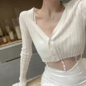 (店+)【D.studio】韓版V領背心穿搭外套上衣 女裝 衣服 外套 薄外套 罩衫 防曬外套 長袖上衣 短版外套 J129