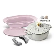 【STAUB】雪花雕花琺瑯鑄鐵鍋和食鍋16cm5件組附橢圓盤25cm、瓷盤20cm、鍋把手(德國雙人牌集團官方直營)
