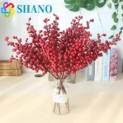 SHANO假花紅豆枝新年喜慶的聚會家居裝飾5頭漿果