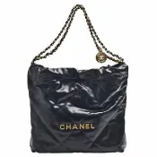 【CHANEL 香奈兒】CHANEL 經典22系列金色品牌LOGO大菱格紋小牛皮金鍊肩背包(大-黑色)『entrupy安心購』