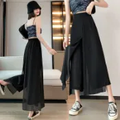 【顯瘦褲裙 透氣寬褲】大尺碼褲裙女 日韓風寬鬆長褲裙假兩件黑色九分褲大尺碼褲子不規則雪紡闊腿休閒褲裙微胖大尺碼女裝