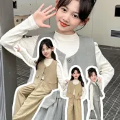 (店+)【Arbea】中大童120-170碼女童套裝春季秋季中大兒童韓版西裝馬甲休閒褲子三件式休閒百搭【C1313】
