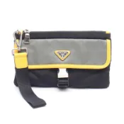 【DOKODEMO】【二手】Prada PRADA Second Bag 手拿包 三角形Logo 黑色/灰色/黃色 尼龍 Saffiano 皮革 三角形Logo 手拿包