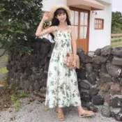 清新綠葉碎花吊帶洋裝女夏季 高腰荷葉大擺長裙 大尺碼甜美渡假仙女連身裙 連衣裙 夏季女裝 連身裙 洋裝