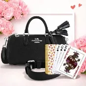【COACH】荔枝紋皮革小型手提/斜背兩用包+彩色燙金大C LOGO撲克牌(黑色)