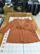 【二手衣櫃】韓國 KKAM JUU 民族風流蘇V領荷葉花邊長袖棉麻衫 古著圖騰流蘇寬鬆長袖上衣 1130205