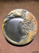 圓形金皮金暈山水硯，四大名硯歙硯金暈金皮子料，天然石皮，皮色